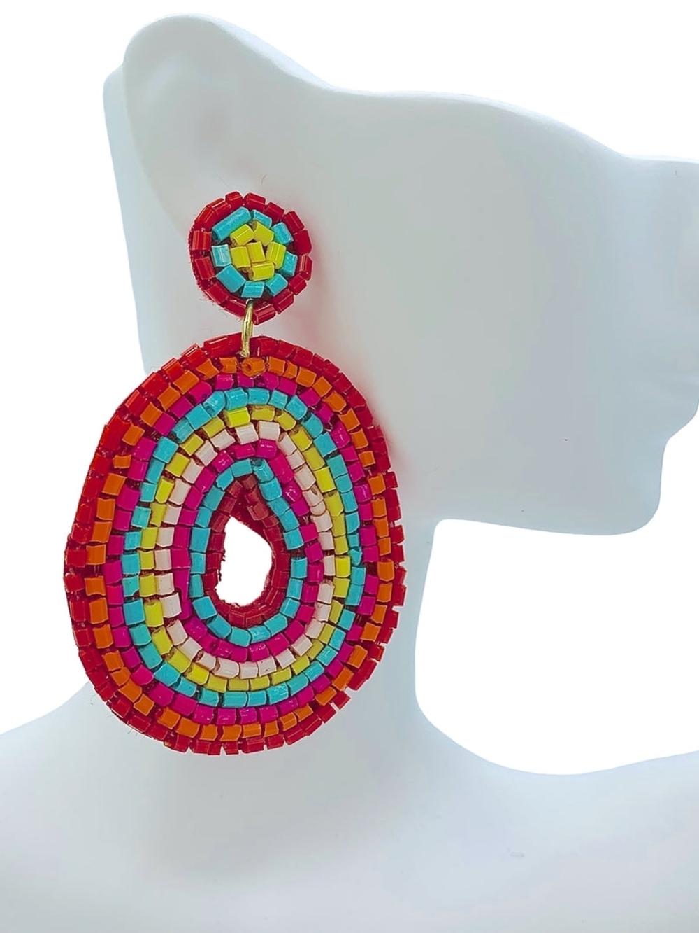 Multicolor Beaded Hoop Drop Earrings - Pink, Red & Turquoise
